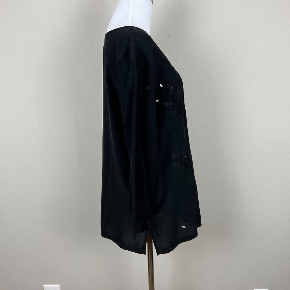 CLUB MONACO Tunic Top Womens Small Black Silk Eyelet 3/4‎ Sleeve Sheer Blouse S - Picture 6 of 16